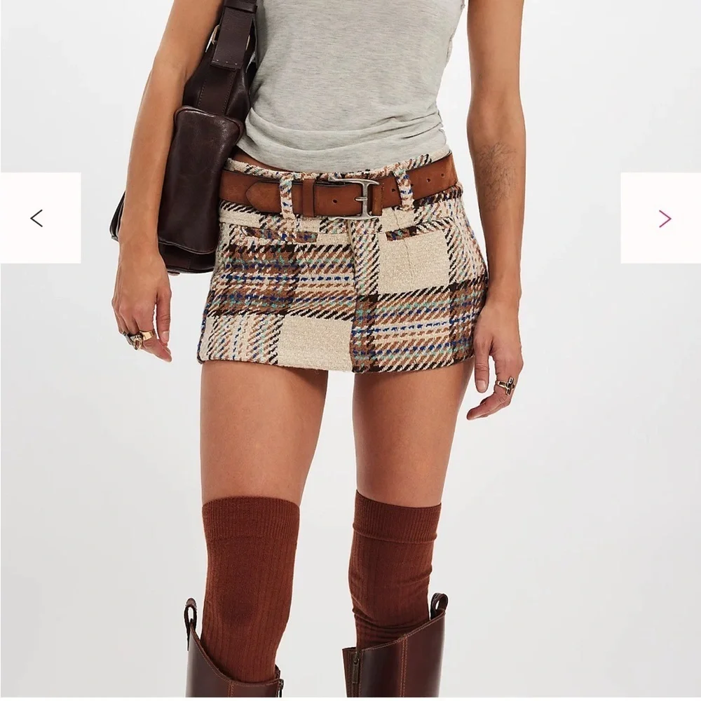 Free People We The Free Mille-Fleurs Plaid Micro Skirt Size 2 Ivory Combo NWT